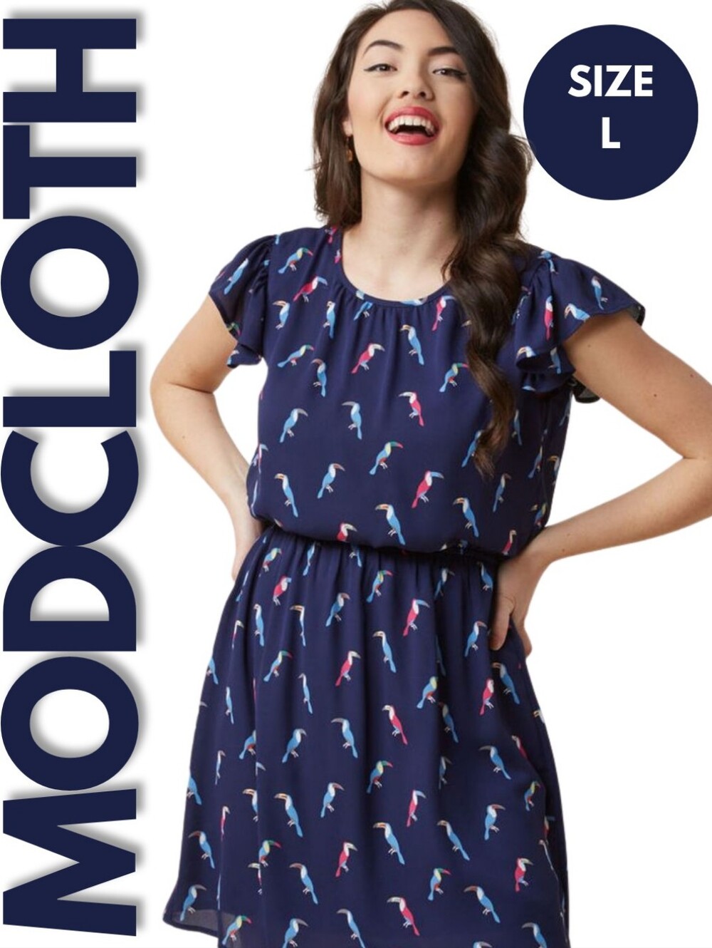 ModCloth Good Golly Tropical Bird Toucan Print A-Line Dress Size L
